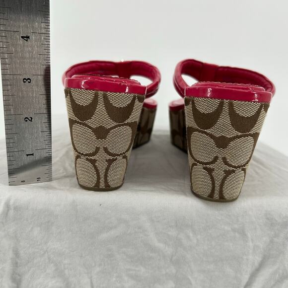 VTG y2k Women's Pink Khaki COACH Nella Signature Monogram Wedge Sandals 7.5M - Picture 7 of 8